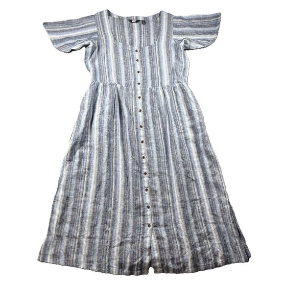 Lands' End Women Linen Sweetheart Button Front Midi Dress Blue Stripe Large G273 - Picture 1 of 11